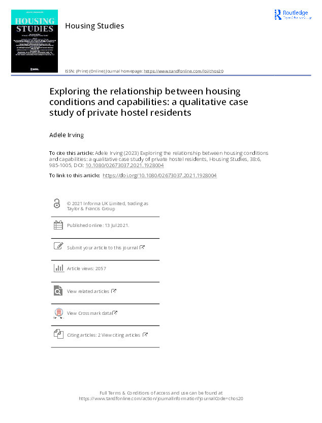 Exploring the relationship between housing conditions and capabilities: a qualitative case study of private hostel residents Thumbnail