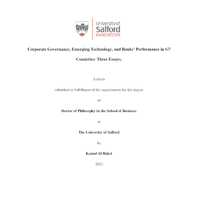 Corporate Governance,  Emerging Technology,  and Banks' Performance In G7 Countries:Three Essays Thumbnail