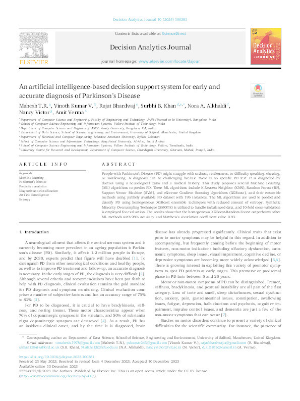 An artificial intelligence-based decision support system for early and accurate diagnosis of Parkinson’s Disease Thumbnail