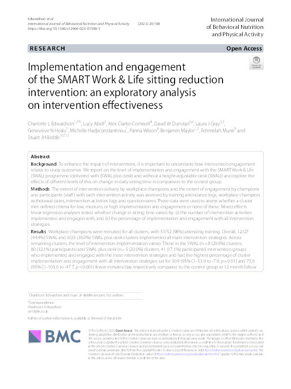 Implementation and engagement of the SMART Work & Life sitting reduction intervention: an exploratory analysis on intervention effectiveness Thumbnail