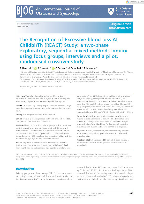 The Recognition of Excessive blood loss At ChildbirTh (REACT) Study: a two‐phase exploratory, sequential mixed methods inquiry using focus groups, interviews and a pilot, randomised crossover study Thumbnail
