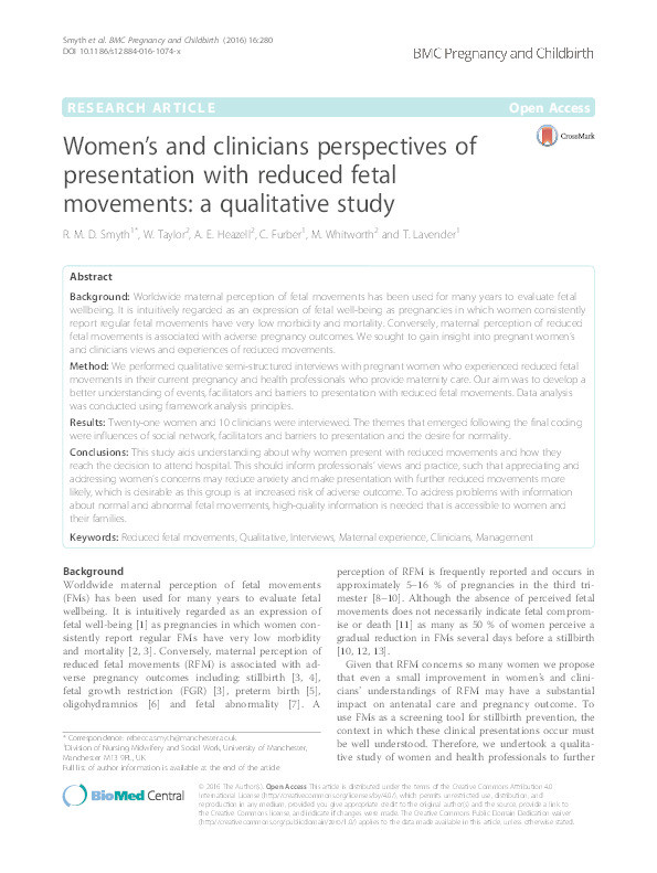Women’s and clinicians perspectives of presentation with reduced fetal movements: a qualitative study Thumbnail