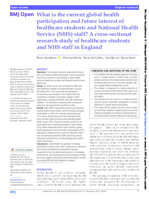 What is the current global health participation and future interest of healthcare students and National Health Service (NHS) staff? A cross-sectional research study of healthcare students and NHS staff in England. Thumbnail