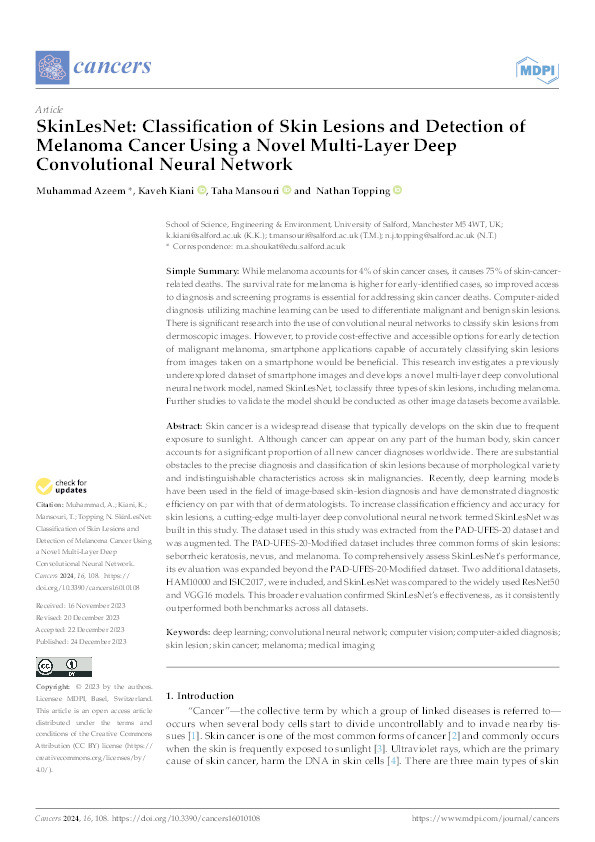 SkinLesNet: Classification of Skin Lesions Using a Multi-Layer Deep Convolutional Neural Network in Dermoscopy Images Thumbnail