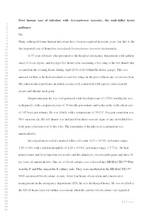 First human case of infection with Arsenophonus nasoniae, the male killer insect pathogen Thumbnail