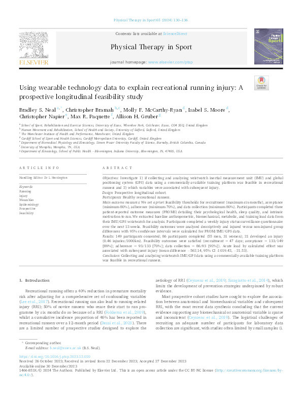 Using wearable technology data to explain recreational running injury: A prospective longitudinal feasibility study Thumbnail