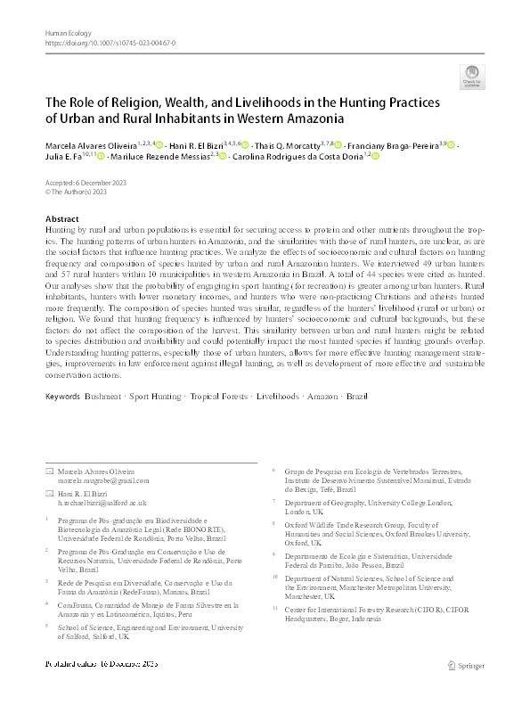 The Role of Religion, Wealth, and Livelihoods in the Hunting Practices of Urban and Rural Inhabitants in Western Amazonia Thumbnail