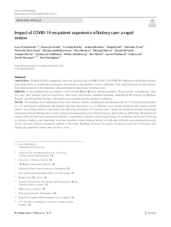 Impact of COVID-19 on patient experience of kidney care: a rapid review. Thumbnail