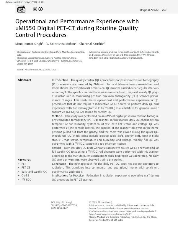 Operational and Performance Experience with uMI550 Digital PET-CT during Routine Quality Control Procedures Thumbnail