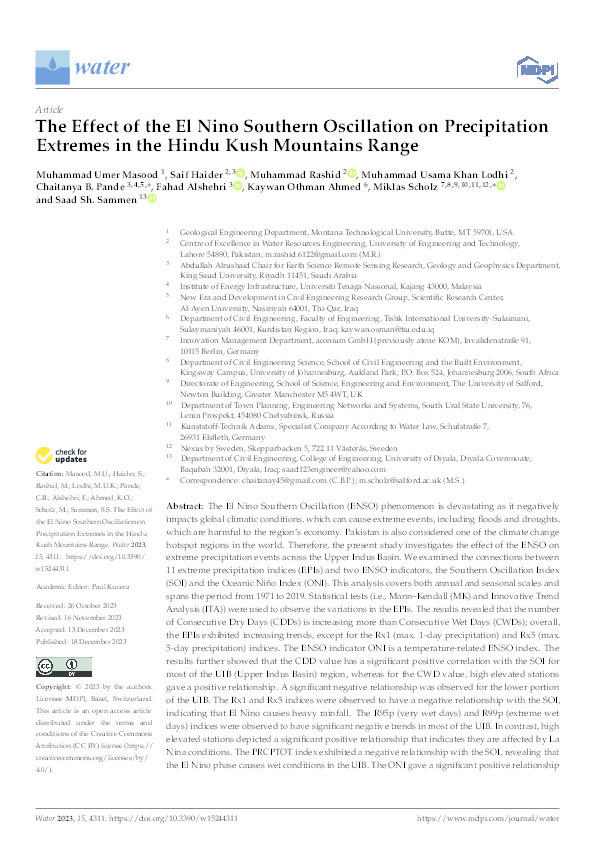 The Effect of the El Nino Southern Oscillation on Precipitation Extremes in the Hindu Kush Mountains Range Thumbnail