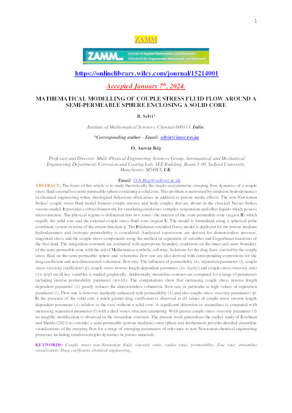 Mathematical modelling of couple stress fluid flow around a semi-permeable sphere enclosing a solid core Thumbnail