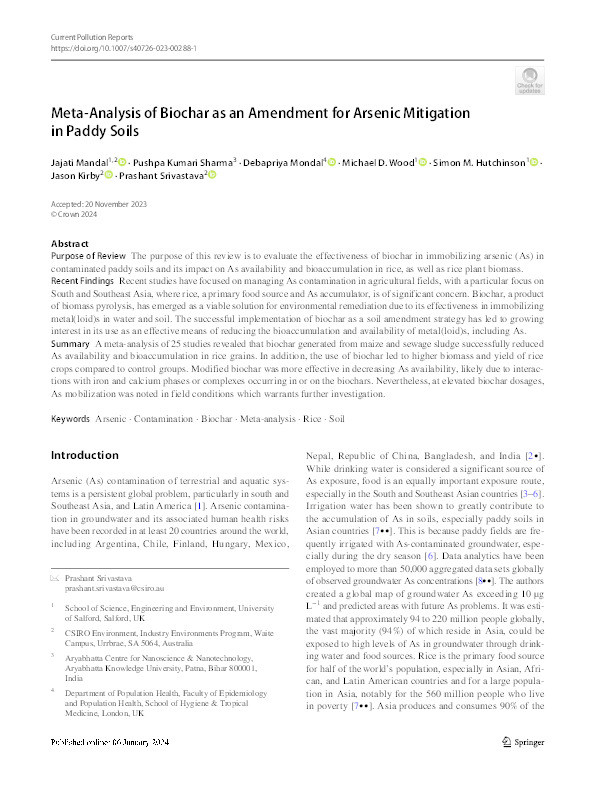 Meta-Analysis of Biochar as an Amendment for Arsenic Mitigation in Paddy Soils Thumbnail