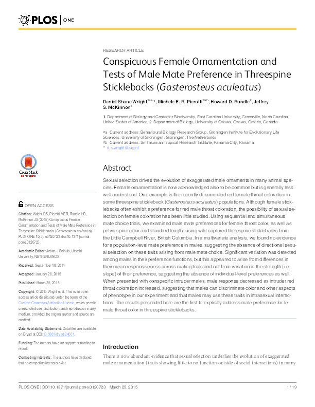 Conspicuous female ornamentation and tests of male mate preference in threespine sticklebacks (Gasterosteus aculeatus) Thumbnail