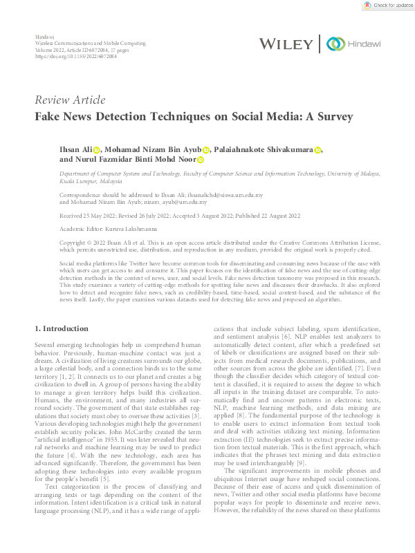 Fake News Detection Techniques on Social Media: A Survey Thumbnail