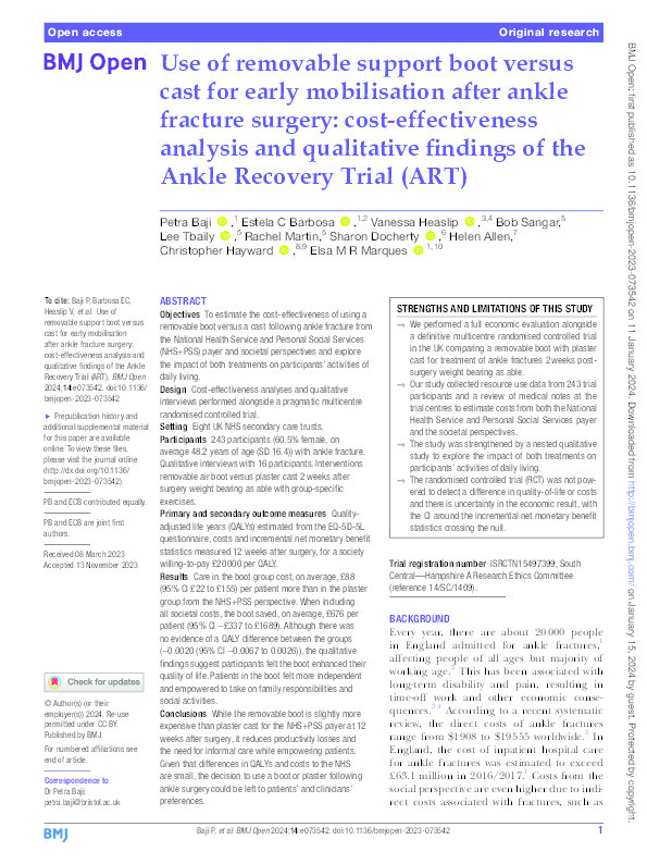Use of removable support boot versus cast for early mobilisation after ankle fracture surgery: cost-effectiveness analysis and qualitative findings of the Ankle Recovery Trial (ART). Thumbnail