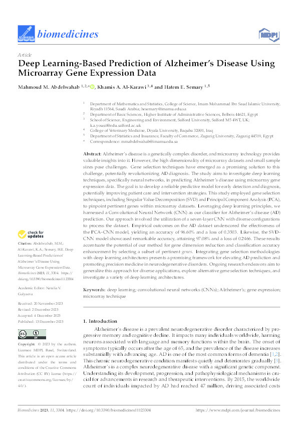 Deep Learning-Based Prediction of Alzheimer’s Disease Using Microarray Gene Expression Data Thumbnail