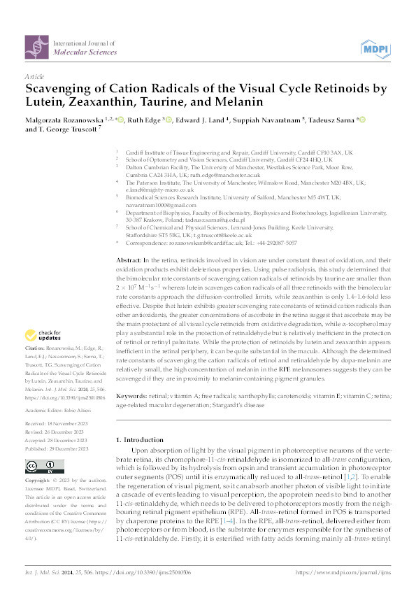 Scavenging of Cation Radicals of the Visual Cycle Retinoids by Lutein, Zeaxanthin, Taurine, and Melanin Thumbnail