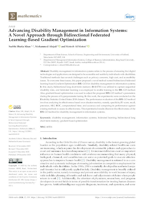 Advancing Disability Management in Information Systems: A Novel Approach through Bidirectional Federated Learning-Based Gradient Optimization Thumbnail