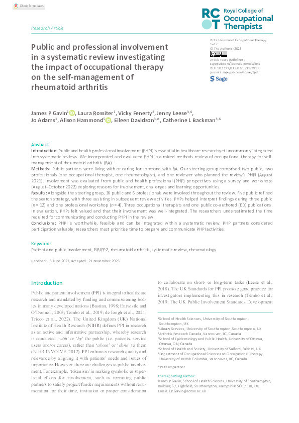 Public and professional involvement in a systematic review investigating the impact of occupational therapy on the self-management of rheumatoid arthritis Thumbnail
