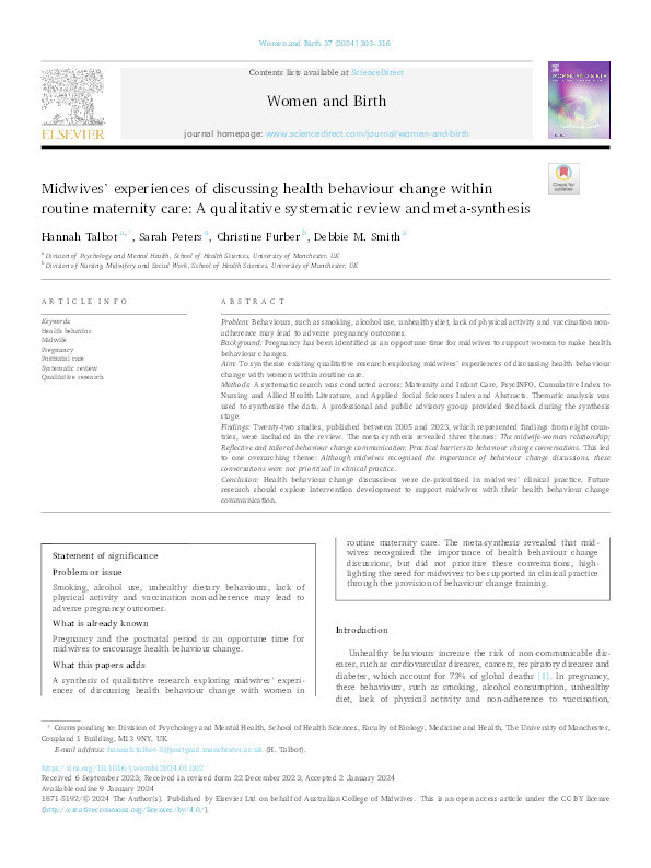 Midwives’ experiences of discussing health behaviour change within routine maternity care: A qualitative systematic review and meta-synthesis Thumbnail