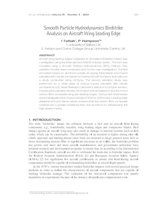 Smooth Particle Hydrodynamics Birdstrike Analysis on Aircraft Wing Leading Edge Thumbnail