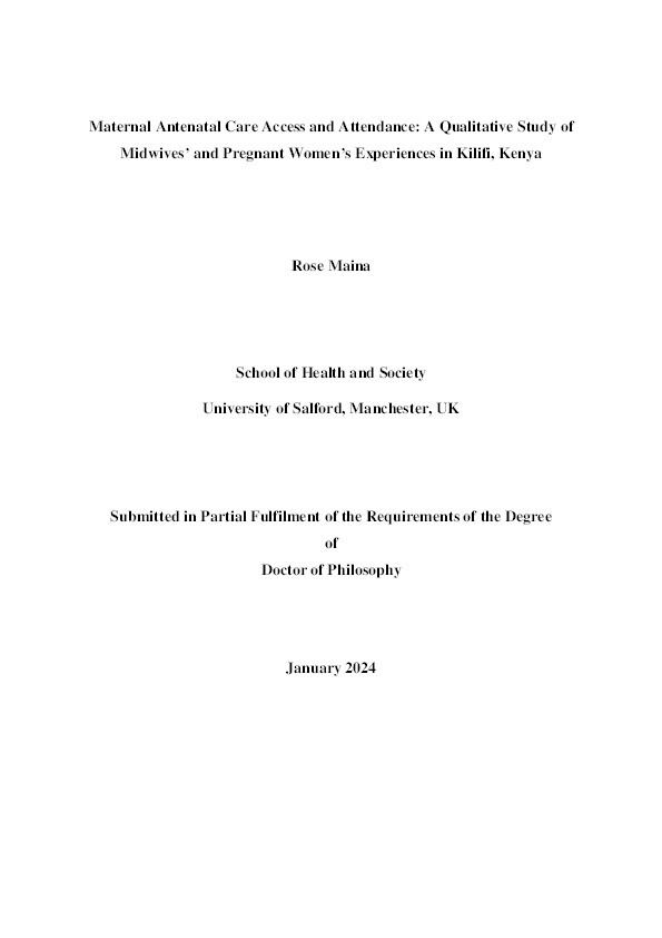 Maternal Antenatal Care Access and Attendance: A Qualitative Study of Midwives’ and Pregnant Women’s Experiences in Kilifi, Kenya Thumbnail