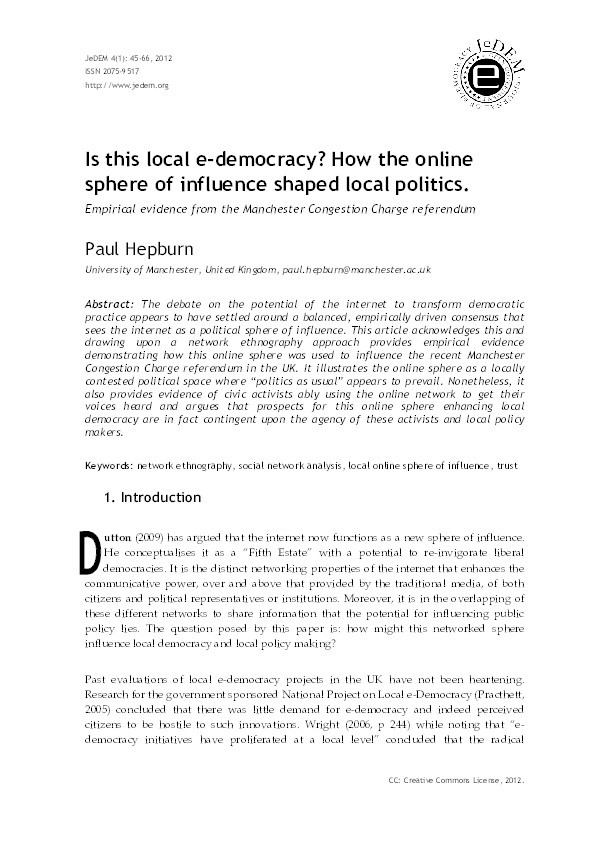 Is this local e-democracy? How the online sphere of influence shaped local politics. Empirical evidence from the Manchester Congestion Charge referendum Thumbnail