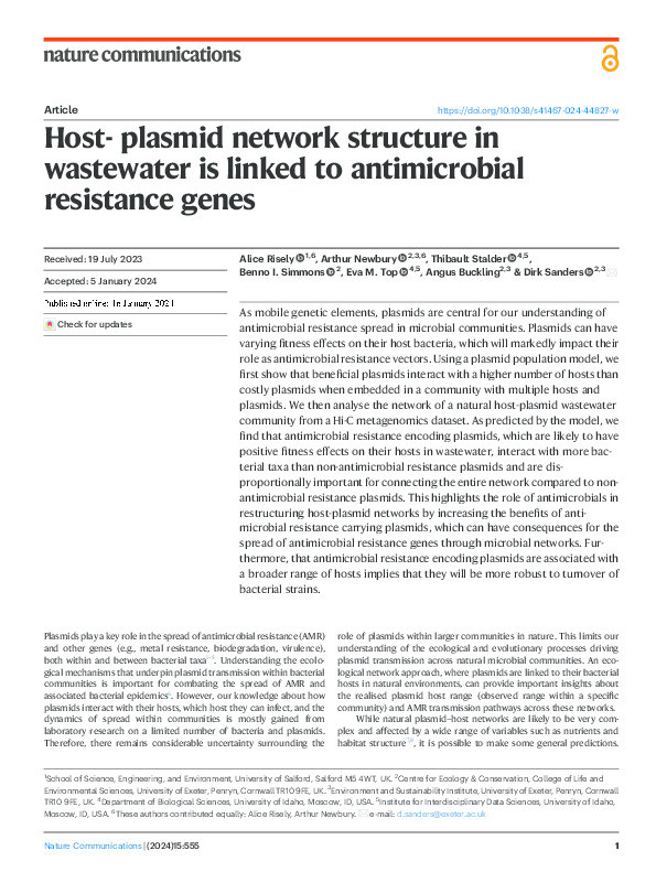 Host- plasmid network structure in wastewater is linked to antimicrobial resistance genes Thumbnail