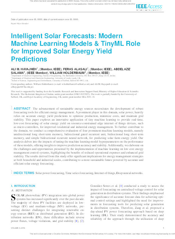 Intelligent Solar Forecasts: Modern Machine Learning Models and TinyML Role for Improved Solar Energy Yield Predictions Thumbnail