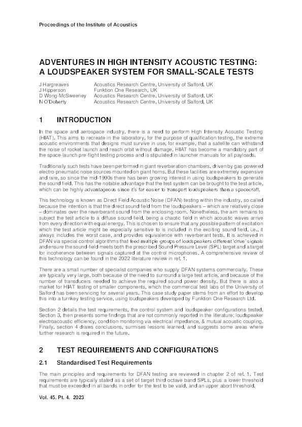 Adventures in High Intensity Acoustic Testing: a Loudspeaker System for Small-Scale Tests Thumbnail