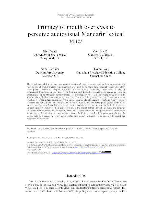 Primacy of mouth over eyes to perceive audiovisual Mandarin lexical tones Thumbnail