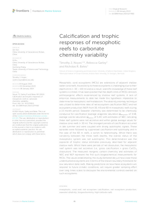 Calcification and trophic responses of mesophotic reefs to carbonate chemistry variability Thumbnail