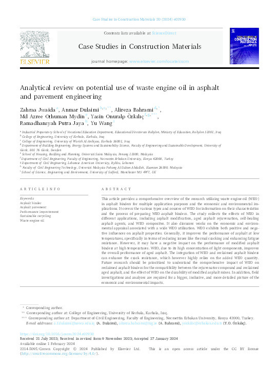 Analytical Review on Potential Use of Waste Engine Oil in Asphalt and Pavement Engineering Thumbnail