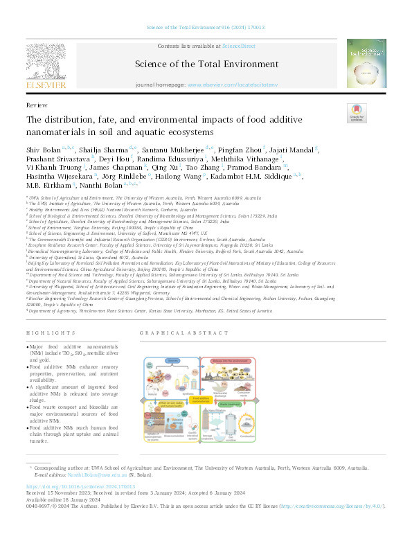 The distribution, fate, and environmental impacts of food additive nanomaterials in soil and aquatic ecosystems. Thumbnail