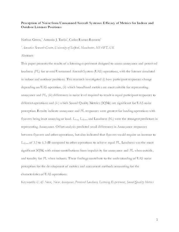 Perception of noise from unmanned aircraft systems: Efficacy of metrics for indoor and outdoor listener positions Thumbnail