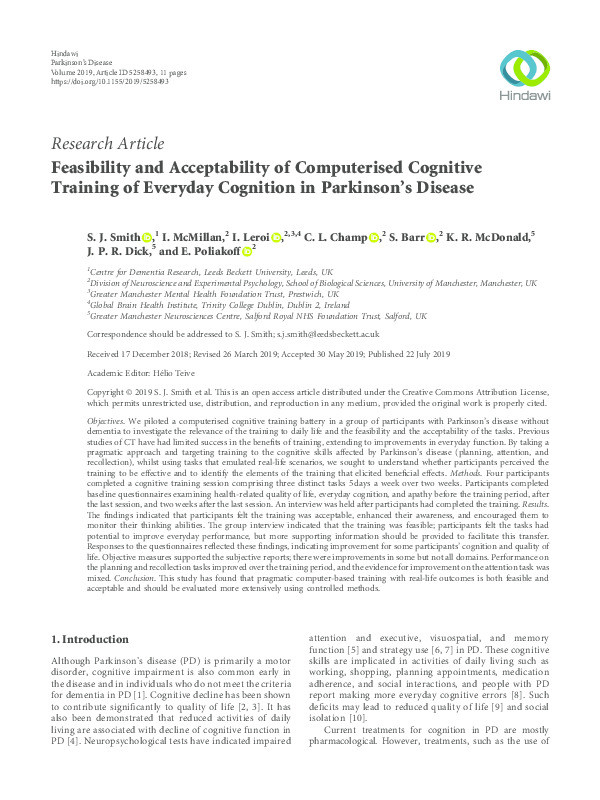 Feasibility and Acceptability of Computerised Cognitive Training of Everyday Cognition in Parkinson's Disease Thumbnail