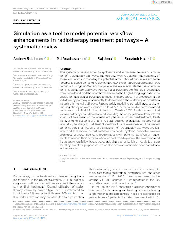 Simulation as a tool to model potential workflow enhancements in radiotherapy treatment pathways – A systematic review Thumbnail