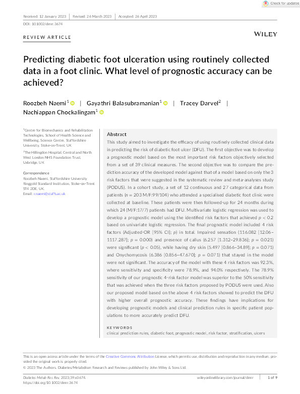 Predicting diabetic foot ulceration using routinely collected data in a foot clinic. What level of prognostic accuracy can be achieved? Thumbnail