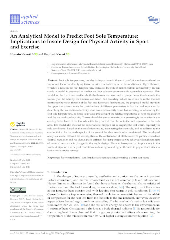 An Analytical Model to Predict Foot Sole Temperature: Implications to Insole Design for Physical Activity in Sport and Exercise Thumbnail