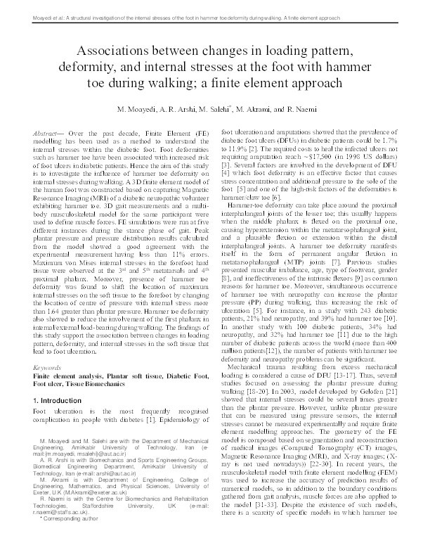 Associations between changes in loading pattern, deformity, and internal stresses at the foot with hammer toe during walking; a finite element approach Thumbnail