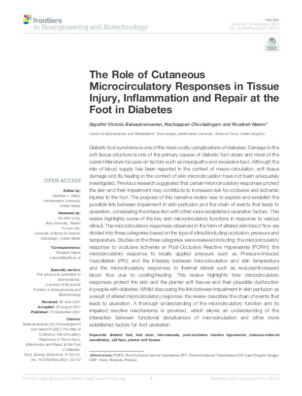 The Role of Cutaneous Microcirculatory Responses in Tissue Injury, Inflammation and Repair at the Foot in Diabetes Thumbnail