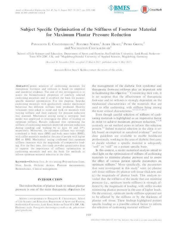 Subject Specific Optimisation of the Stiffness of Footwear Material for Maximum Plantar Pressure Reduction Thumbnail