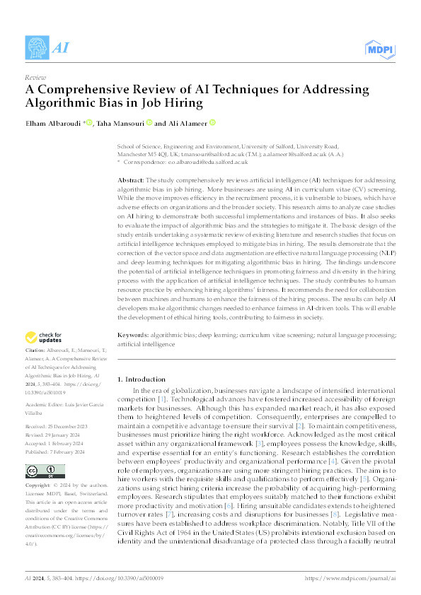 A Comprehensive Review of AI Techniques for Addressing Algorithmic Bias in Job Hiring Thumbnail