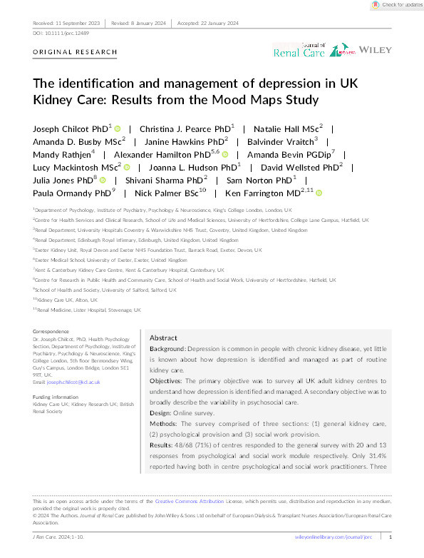 The identification and management of depression in UK Kidney Care: Results from the Mood Maps Study Thumbnail