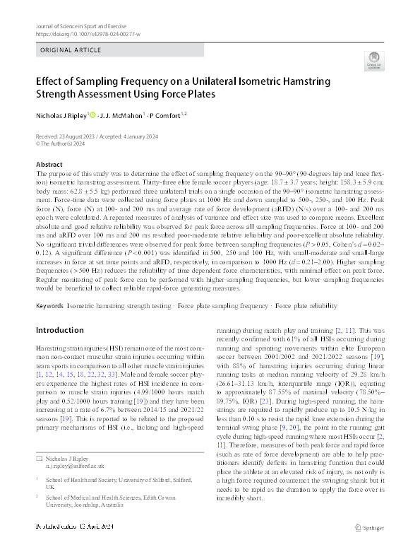 Effect of Sampling Frequency on a Unilateral Isometric Hamstring Strength Assessment Using Force Plates Thumbnail