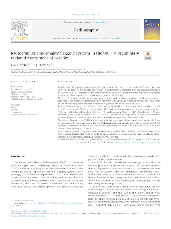 Radiographer abnormality flagging systems in the UK – A preliminary updated assessment of practice Thumbnail