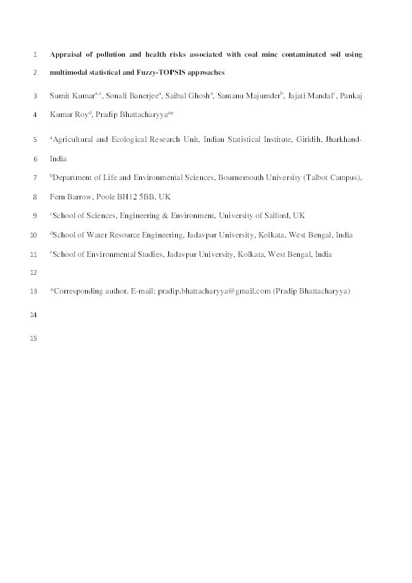 Appraisal of pollution and health risks associated with coal mine contaminated soil using multimodal statistical and Fuzzy-TOPSIS approaches Thumbnail