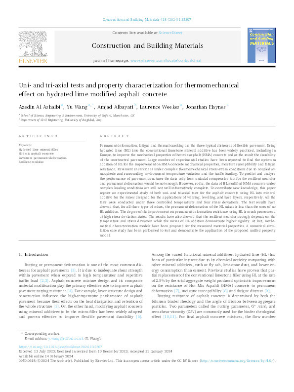 Uni- and tri-axial tests and property characterization for thermomechanical effect on hydrated lime modified asphalt concrete Thumbnail