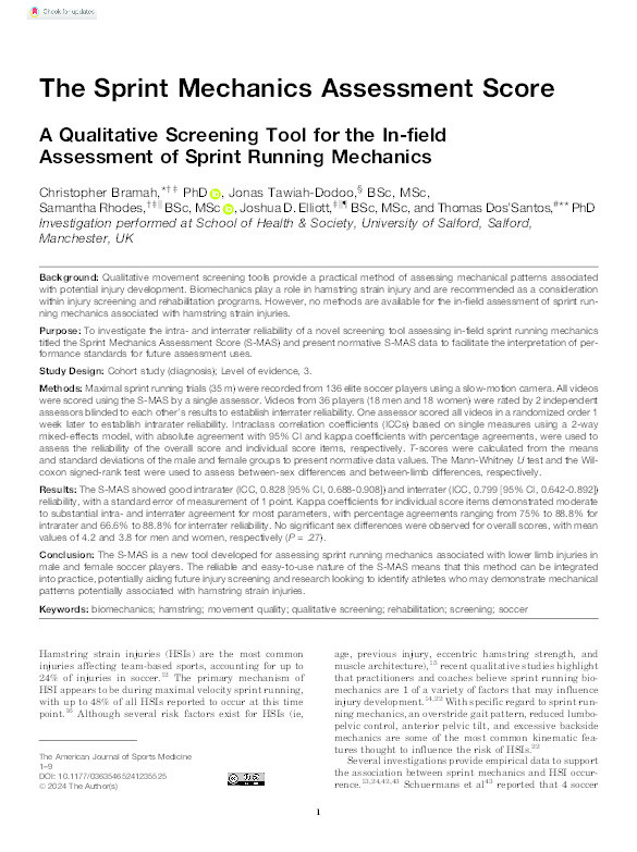 The Sprint Mechanics Assessment Score: A Qualitative Screening Tool for the In-field Assessment of Sprint Running Mechanics. Thumbnail