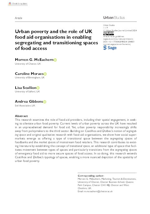 Urban poverty and the role of UK food aid organisations in enabling segregating and transitioning spaces of food access Thumbnail